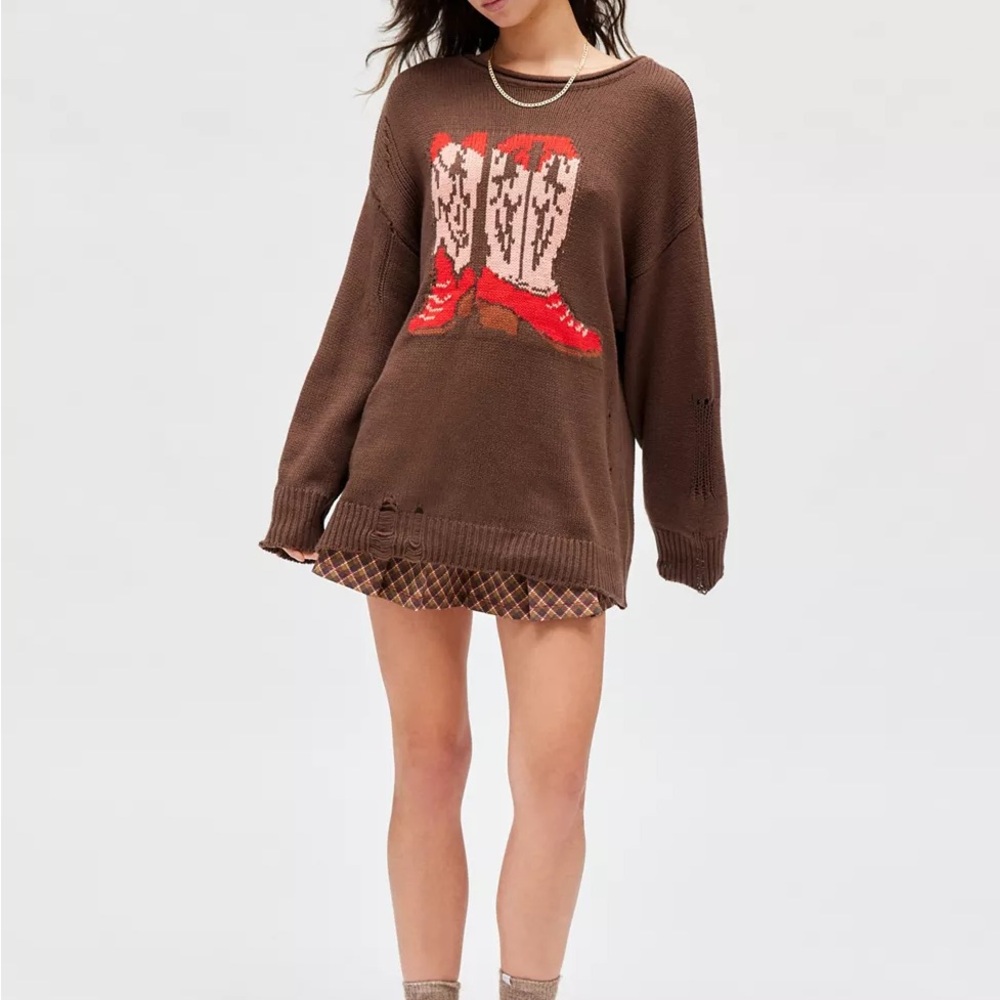BDG Stella Cowboy Boot Graphic Distressed Pullover Sweater